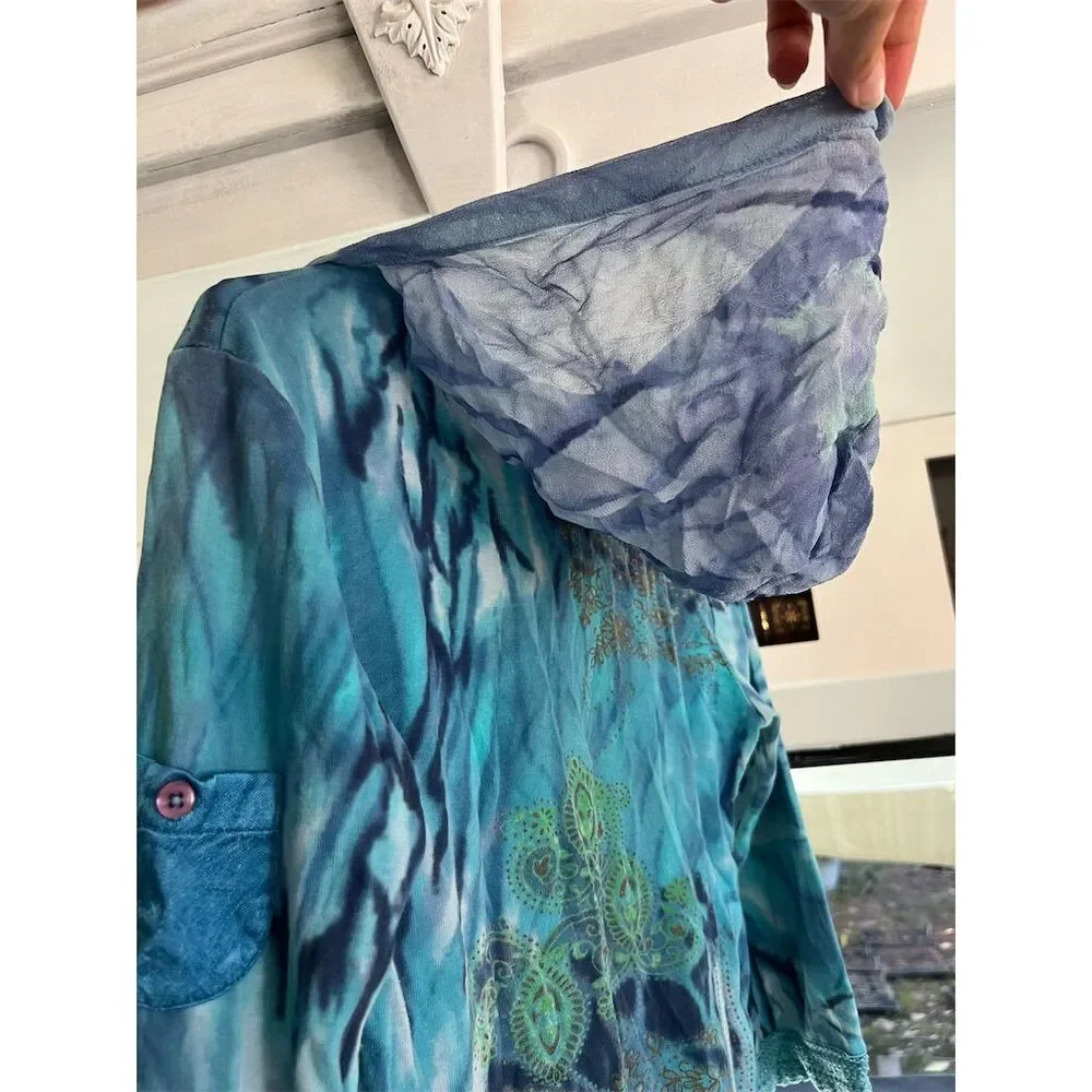 Forbidden Boho Women's Blue Tie Dye Pullover Hoodie (M) Beaded Casual Spring - Picture 4 of 5